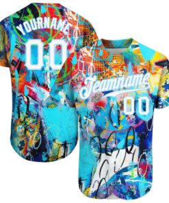 Abstract Graffiti White-Light Blue 3D Authentic Baseball Jersey, Custom Baseball Jersey