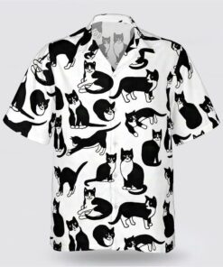 Black ANd White Cat Active Pattern Hawaiin Shirt, Pet Lover Hawaiian Shirts