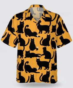 Black Cat Active On The Yellow Background Hawaiin Shirt, Gifts For Pet Lover
