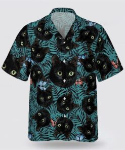 Black Cat In The Green Tropic Pattern Hawaiin Shirt, Pet Lover Hawaiian Shirts