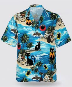 Black Cat On The Blue Beach Pattern Hawaiin Shirt, Pet Lover Hawaiian Shirts