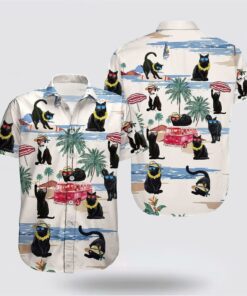 Black Cat Playing On The Beach Hawaiin Shirt, Gifts For Pet Lover