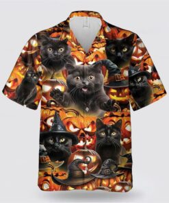 Black Cat Pumpkin Halloween Pattern Hawaiian Shirt