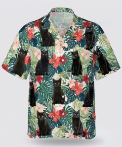 Black Cat With Green Leaves And Red Flower Pattern Hawaiin Shirt, Gifts For Pet Lover