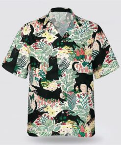 Black Cat With Leaves Pattern Hawaiin Shirt, Gifts For Pet Lover