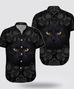Black Cat With Yellow Eyes Pattern Hawaiin Shirt, Gifts For Pet Lover