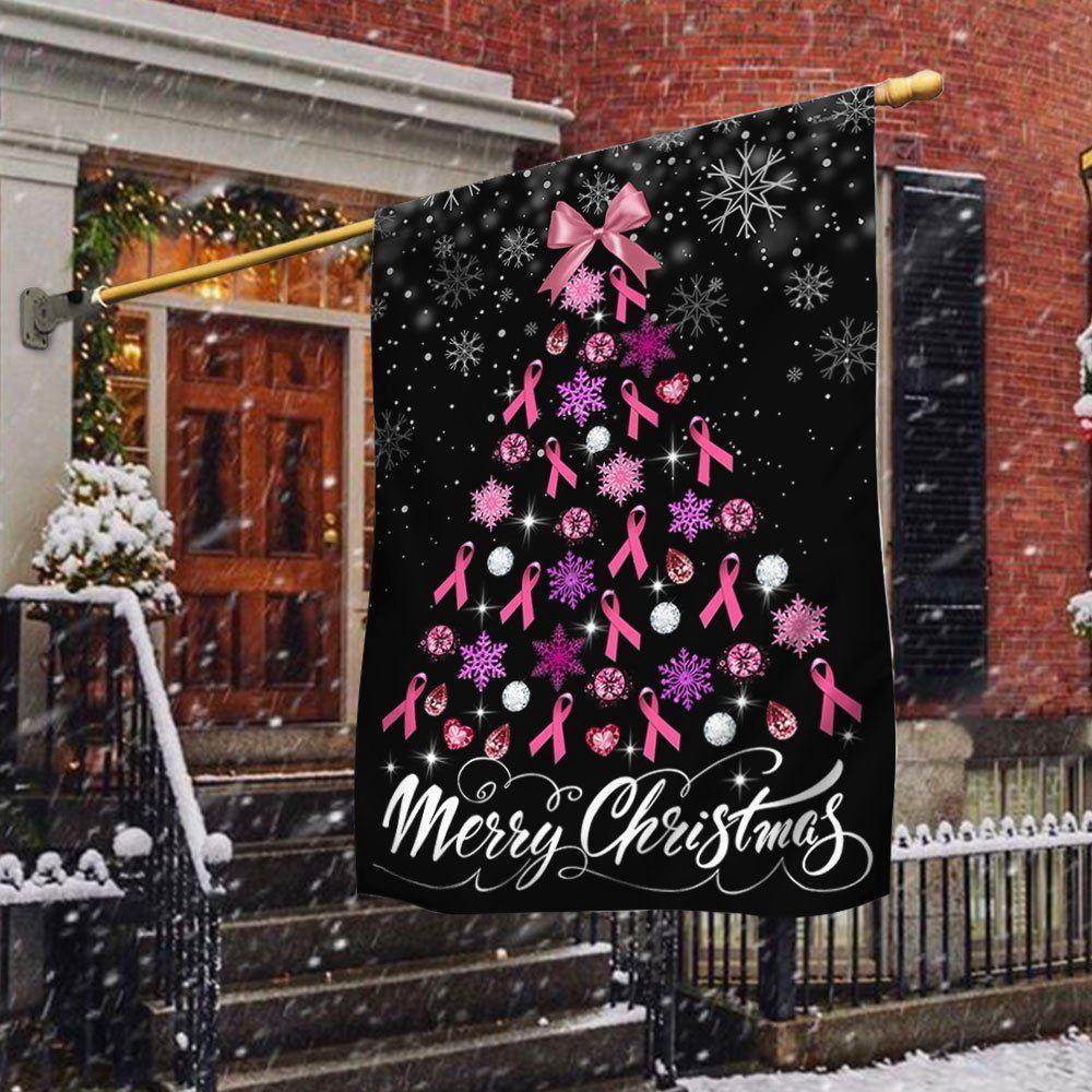 Breast Cancer Christmas Flag Merry Christmas Christmas Tree, Christmas Flag Outdoor Decoration