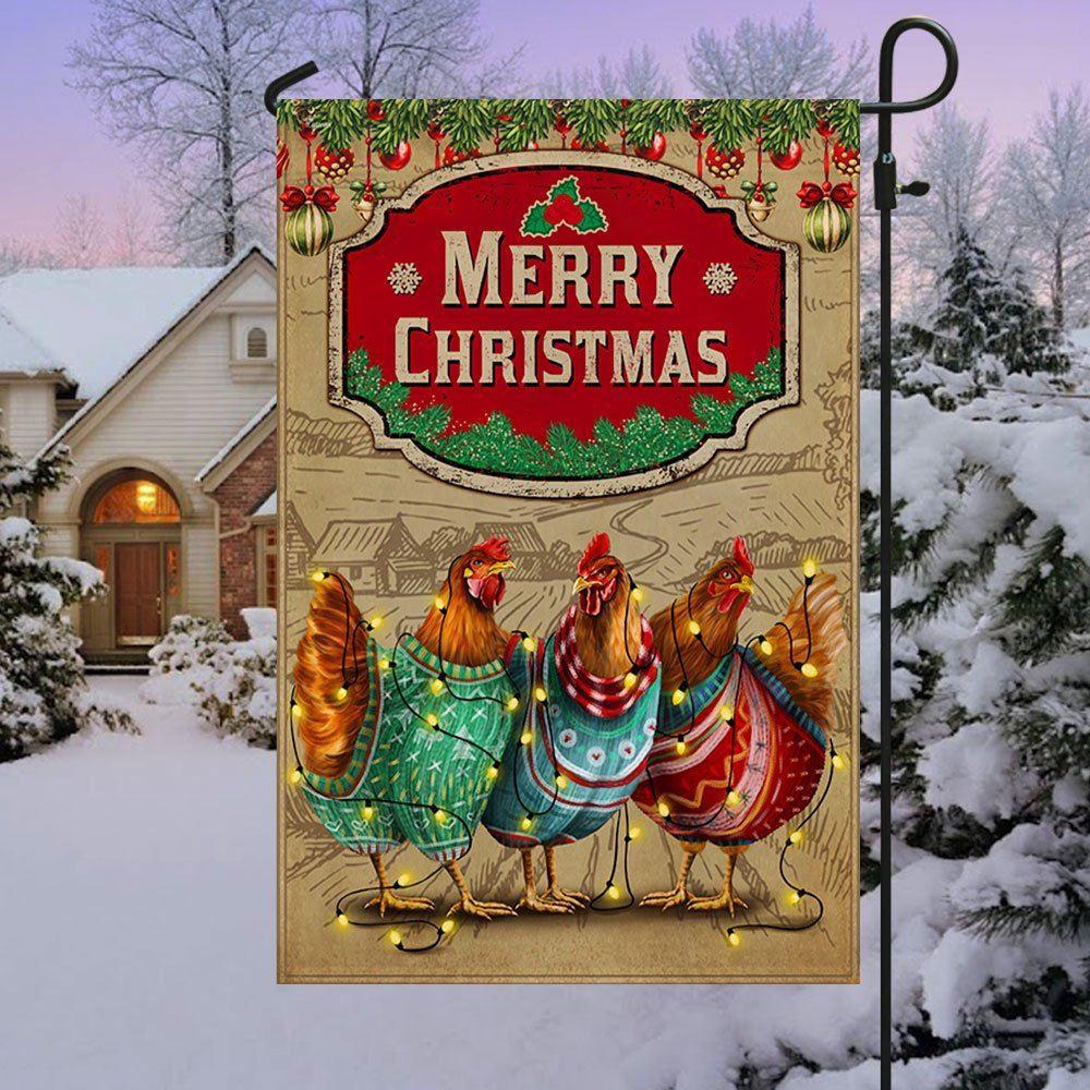 Chicken Christmas Flag Three Hens With Light Vintage Flag, Christmas Flag Outdoor Decoration