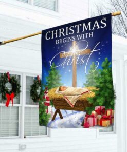 Christmas Begins With Christ Flag Jesus Is Born Baby Jesus In A Manger, Christmas Flag Outdoor Decoration