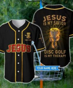 Cross Flame Baseball Jersey - Jesus Disc Golf Is My Therapy Custom Baseball Jersey