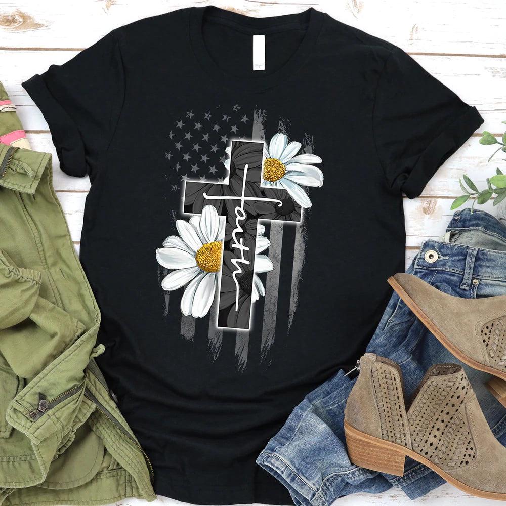 Faith Flag Daisy T-Shirt - Bible Verse Shirt - Scripture Shirt For Women