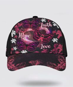 Faith Hope Love Butterfly Art All Over Print Cap, Breast Cancer Caps