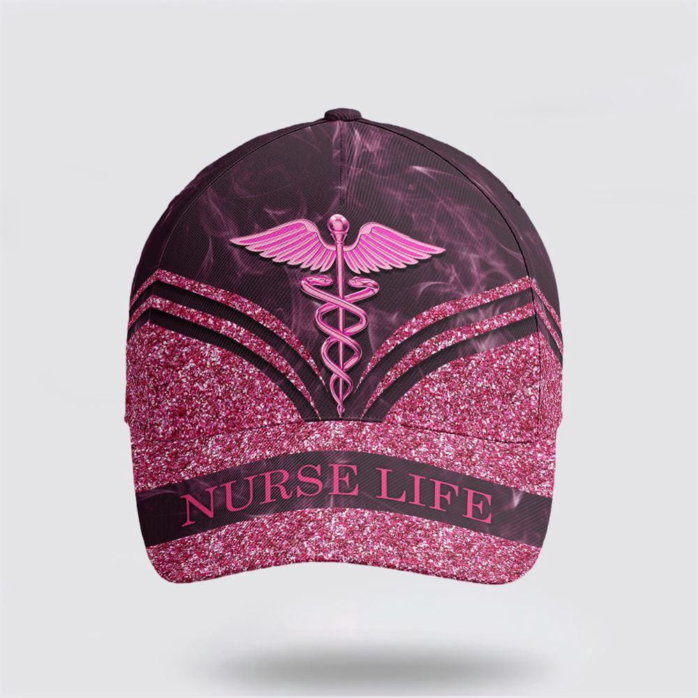 Nurse Life Pink Glitter All Over Print Cap, Breast Cancer Caps