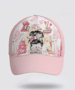 Pinky Baking Life Bun Hair Mom All Over Print Cap, Breast Cancer Caps