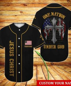 Wings, American Flag, Cross Baseball Jersey - One Nation Under God Custom Baseball Jersey
