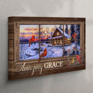 Amazing Grace Canvas Wall Art – Cardinal Birds – Christian Christmas Wall Decor – Christian Wall Art Canvas