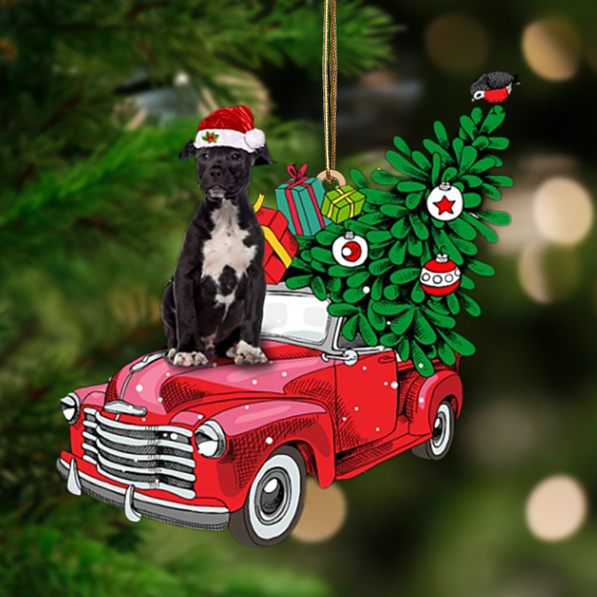 Black American Staffordshire Terrier-Pine Truck Hanging Christmas Plastic Hanging Ornament