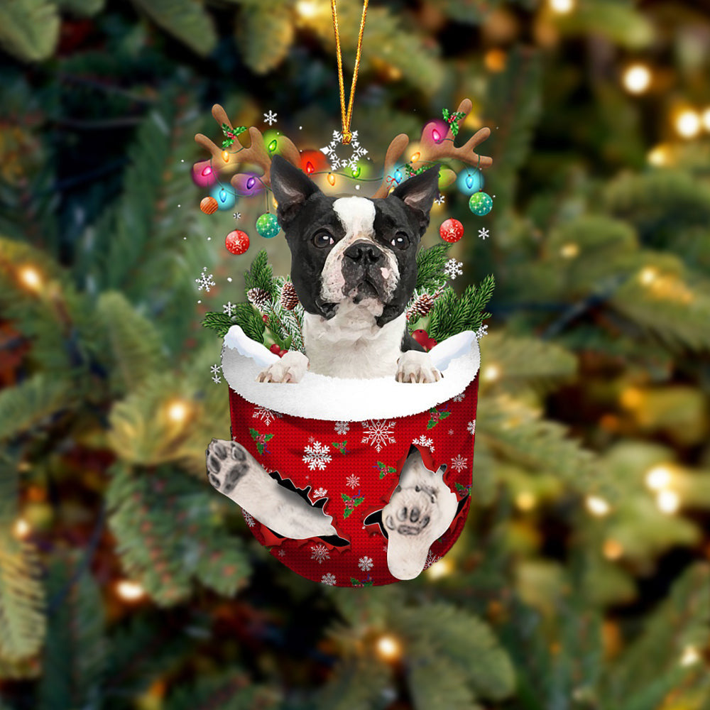 Black Boston Terrier In Snow Pocket Christmas Ornament – Flat Acrylic Dog Ornament