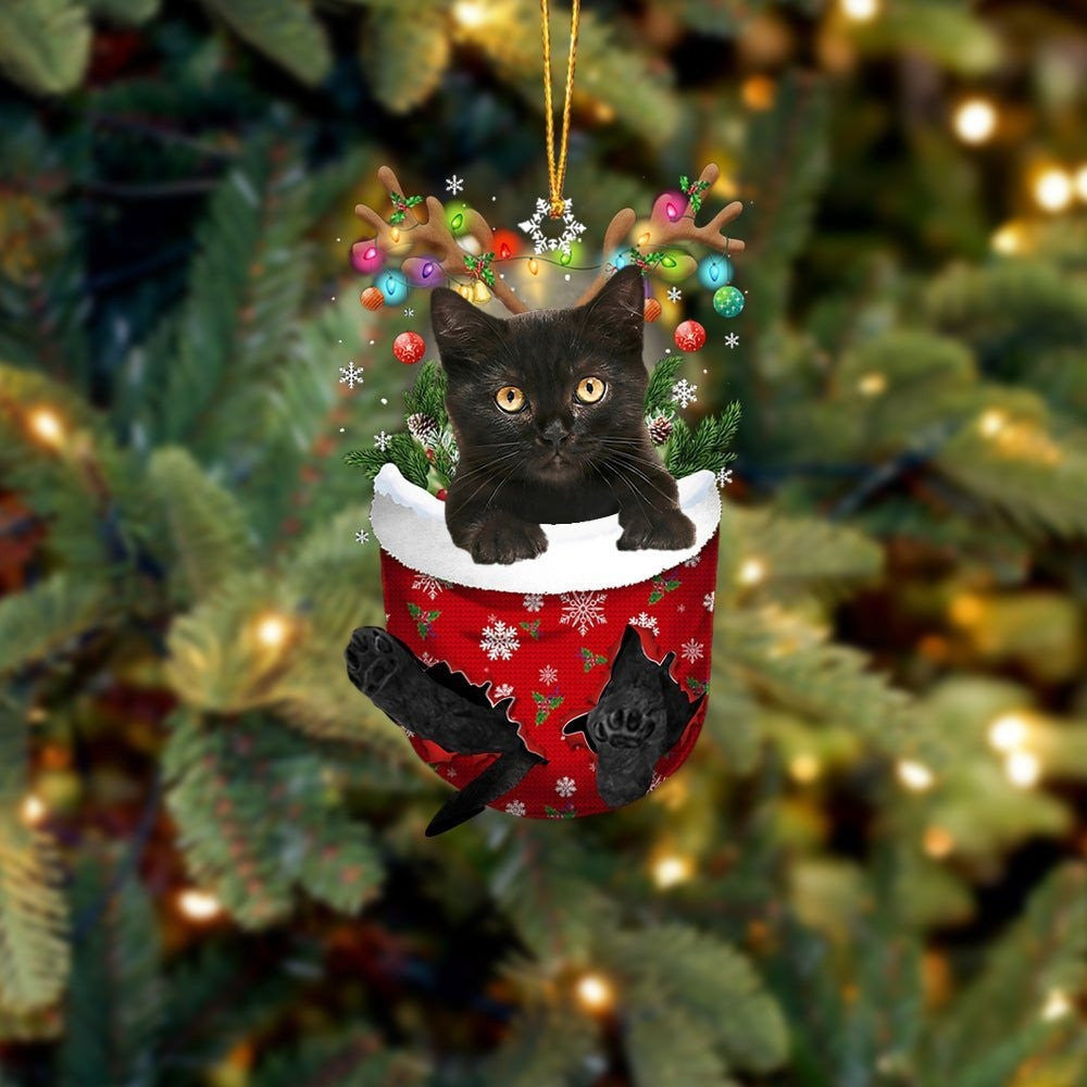 Black Cat In Snow Pocket Christmas Ornament – Flat Acrylic Cat Ornament – Christmas Decor