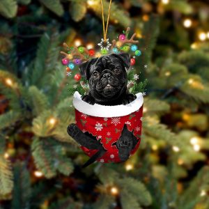 Black Pug In Snow Pocket Christmas Ornament&hellip;