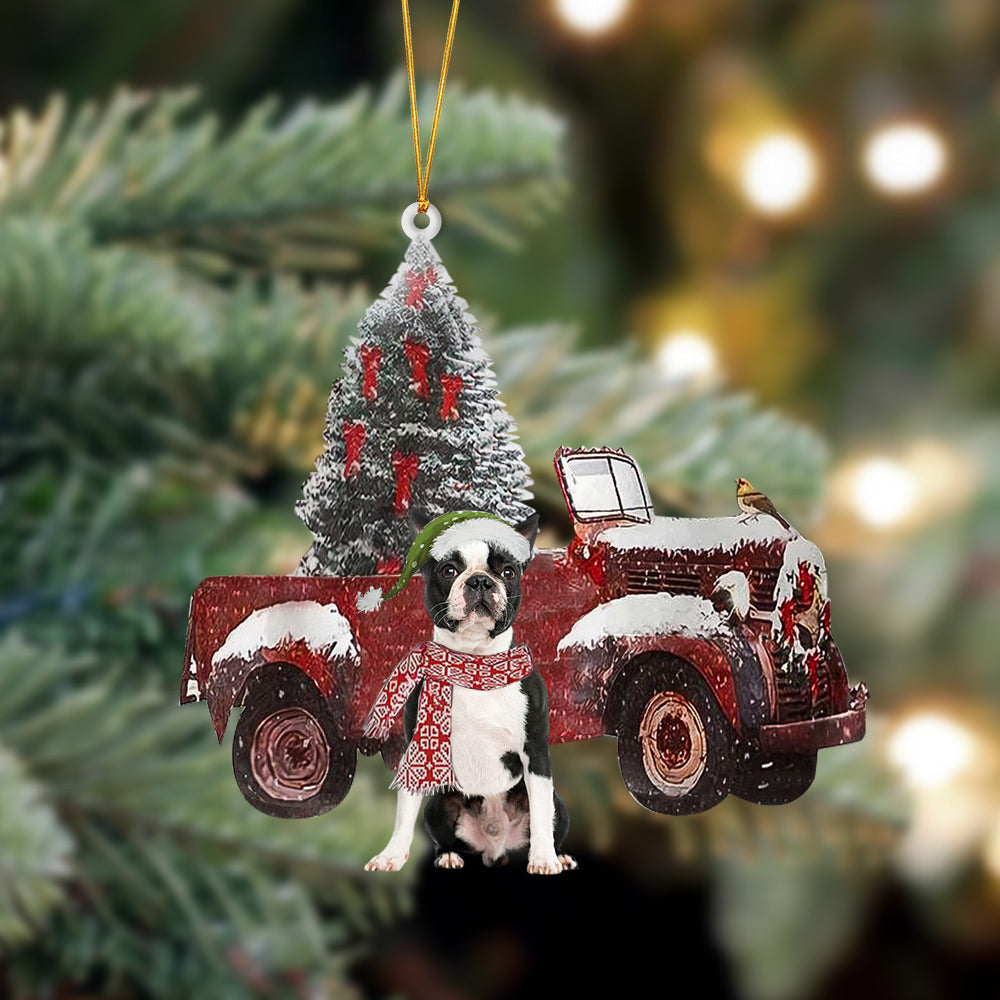 Boston Terrier Christmas Truck Two Sided Christmas Plastic Hanging Ornament – Dog Memorial Gift