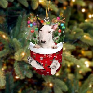 Bull Terrier In Snow Pocket Christmas Ornament&hellip;