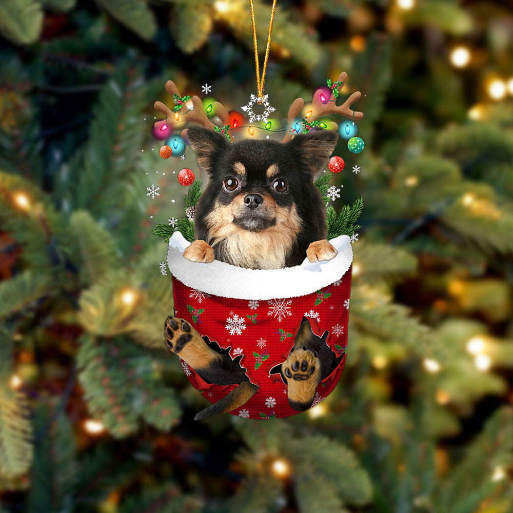 Chihuahua Long Haired In Snow Pocket Christmas Ornament – Flat Acrylic Dog Ornament