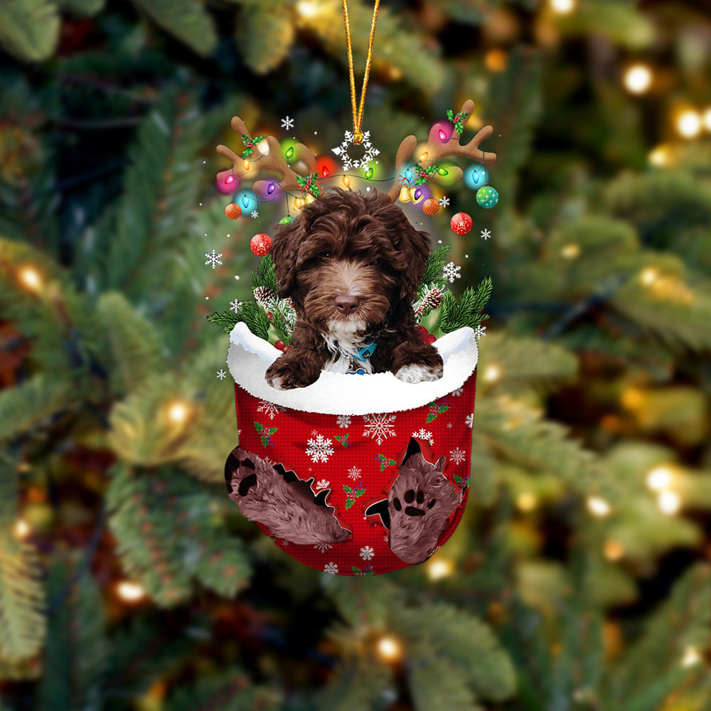 Chocolate Goldendoodle In Snow Pocket Christmas Ornament – Flat Acrylic Dog Ornament