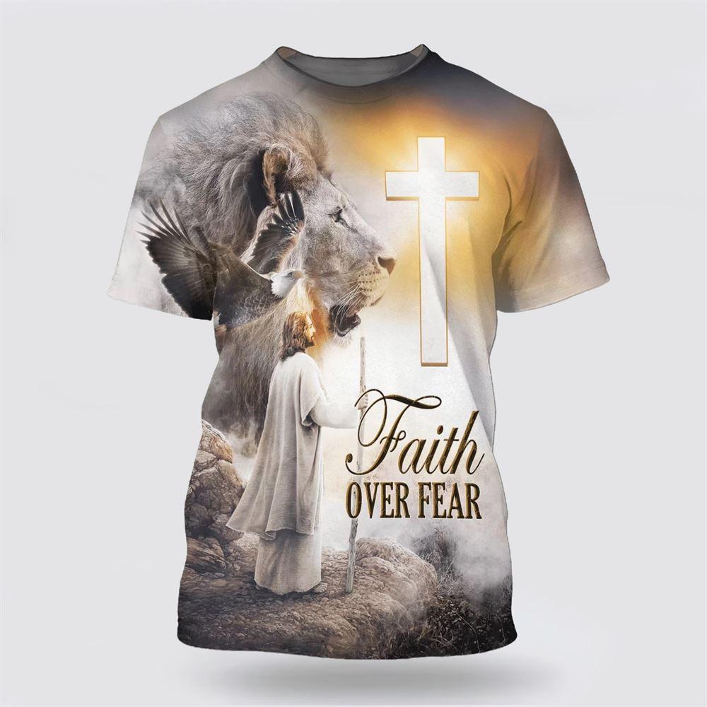 Christian Jesus Lion Cross Faith Over Fear All Over Print 3D T Shirt – Gifts For Christians