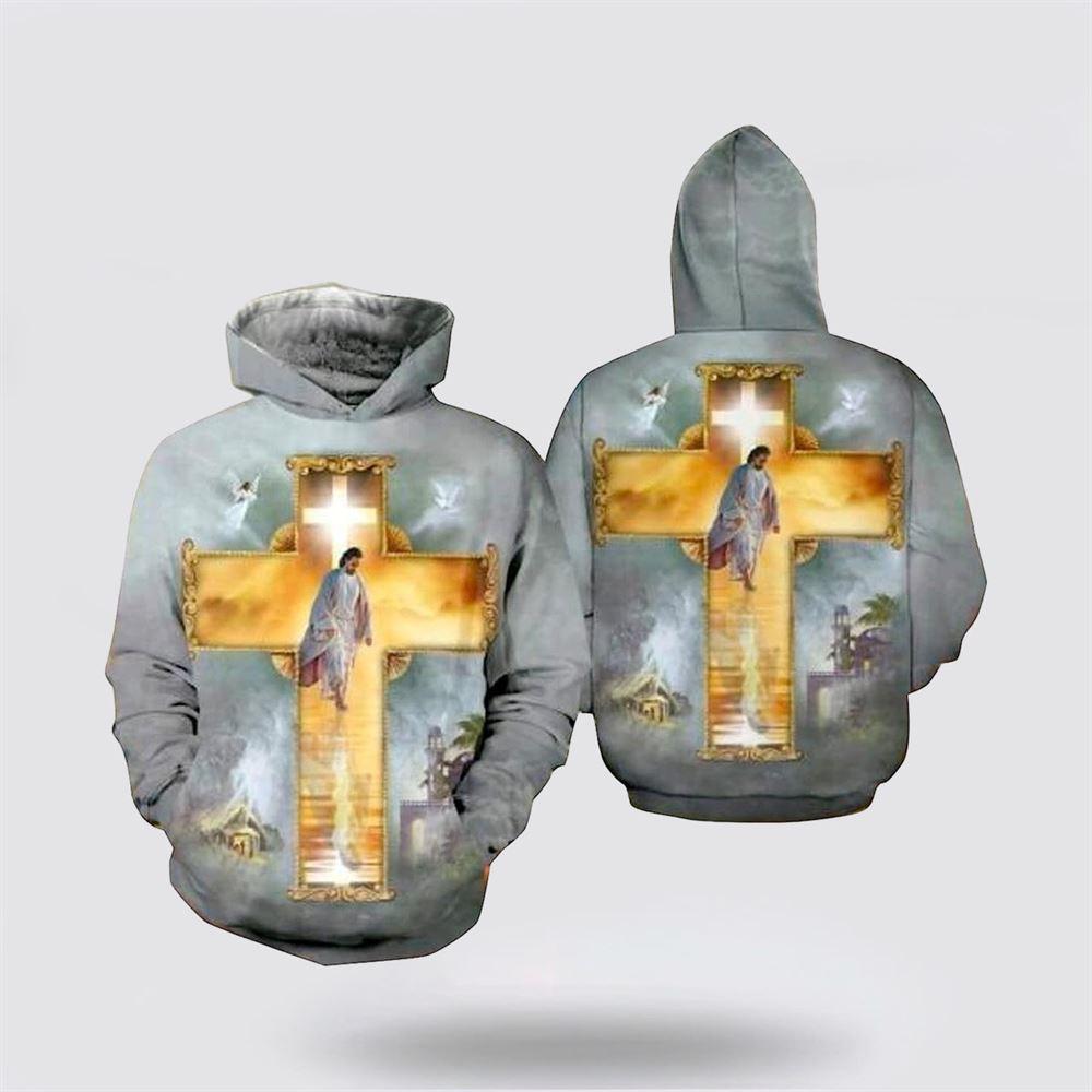 Christian Jesus Walks Cross All Over Print 3D Hoodie – Gifts For Christians