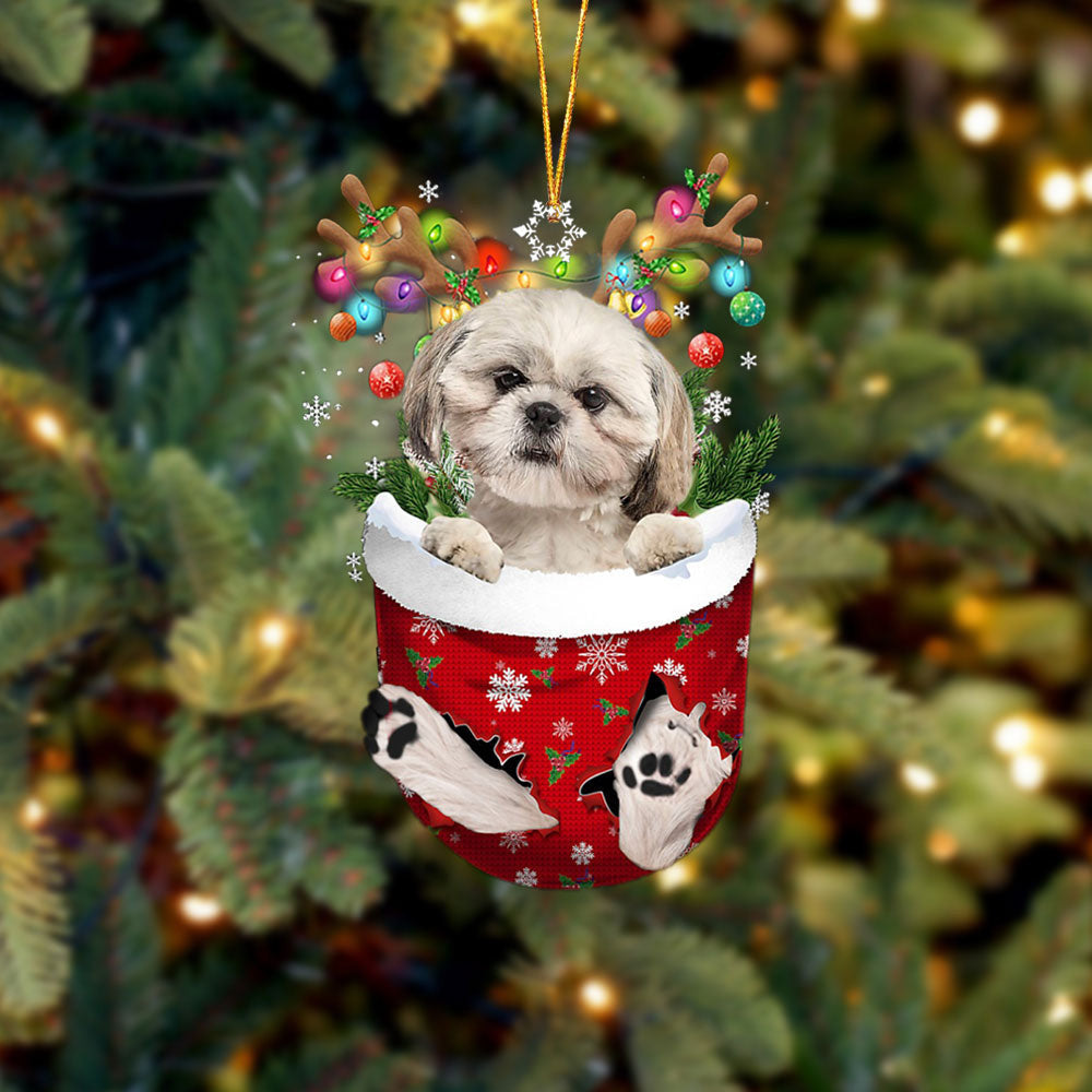Cream Shih Tzu In Snow Pocket Christmas Ornament – Flat Acrylic Dog Ornament