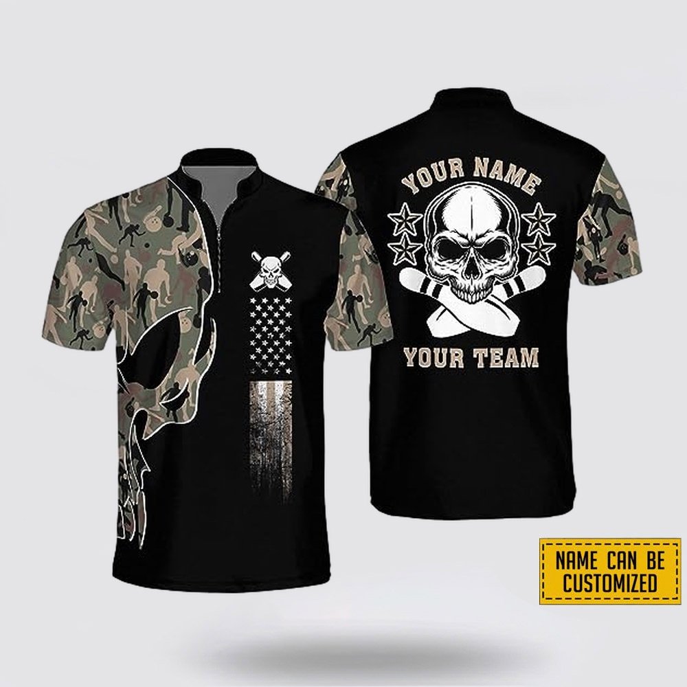 Custom Name And Team Name Skull American Flag Bowling Jersey Shirt – Gift For Bowling Enthusiasts