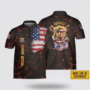 Custom Name Fire Skull American Flag Bowling Jersey Shirt – Perfect Gift for Bowling Fans