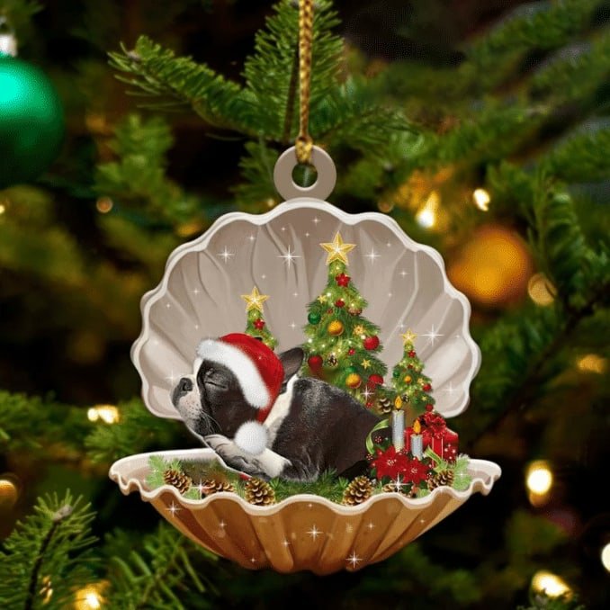 Cute Boston Terrier Sleeping In Pearl Dog Christmas Ornament Flat ,Christmas Shape Ornament, Happy Christmas Ornament