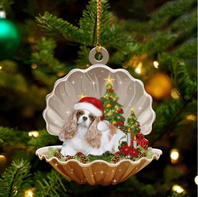 Cute Cavalier King Charles Spaniel Sleeping In Pearl Dog Christmas Ornament Flat ,Christmas Shape Ornament, Happy Christmas Ornament