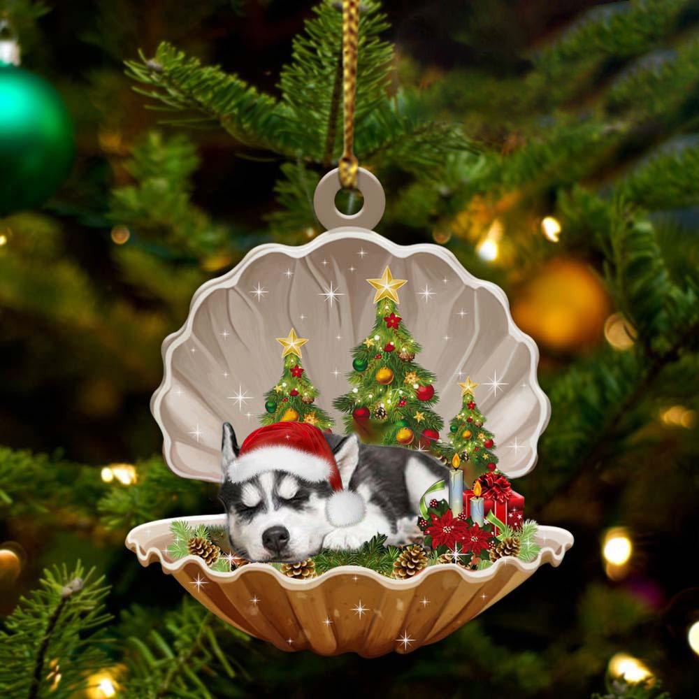 Cute Siberian Husky Sleeping In Pearl Dog Christmas Ornament Flat ,Christmas Shape Ornament, Happy Christmas Ornament