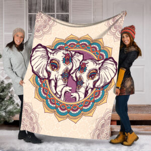 Elephants Couple Mandala Color Fleece Throw Blanket&hellip;