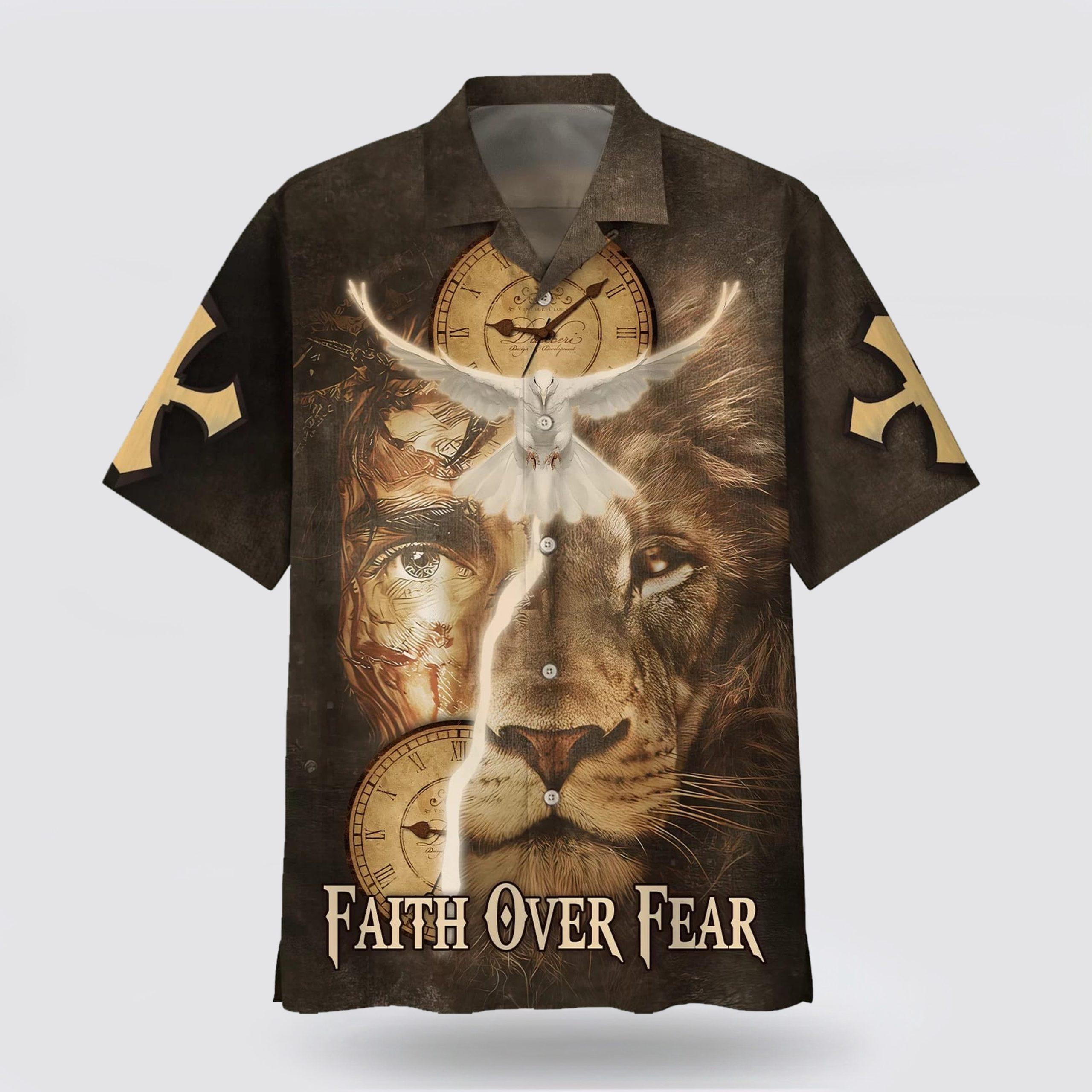 Faith Over Fear Hawaiian Shirt Jesus Lion And Dove Hawaiian Shirts – Gifts For People Who Love Jesus