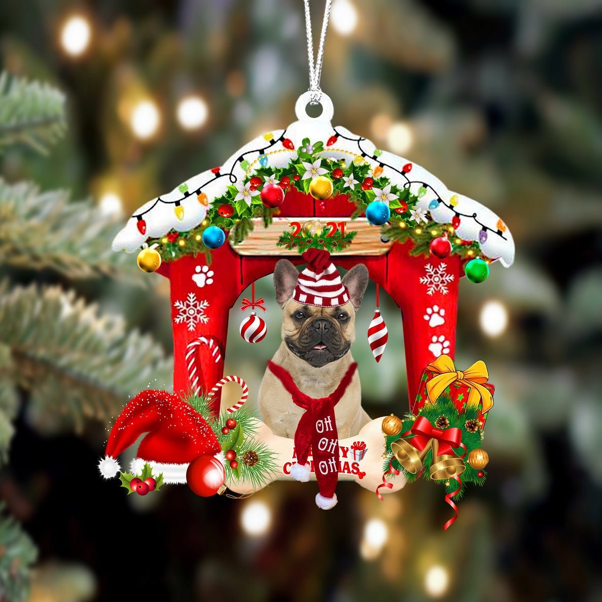 French Bulldog-Christmas House Two Sided Christmas Plastic Hanging Ornament