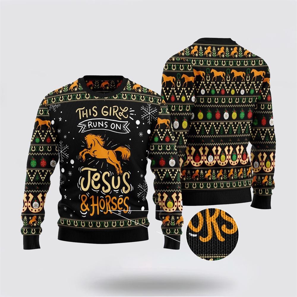 Girls Run On Jesus And Horses Ugly Christmas Sweater – Gifts For Christians