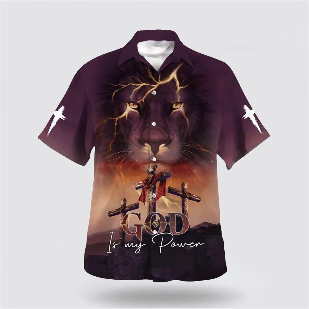 God Is My Power Lion Three Cross Hawaiian Shirts For Men – Gifts For Christians