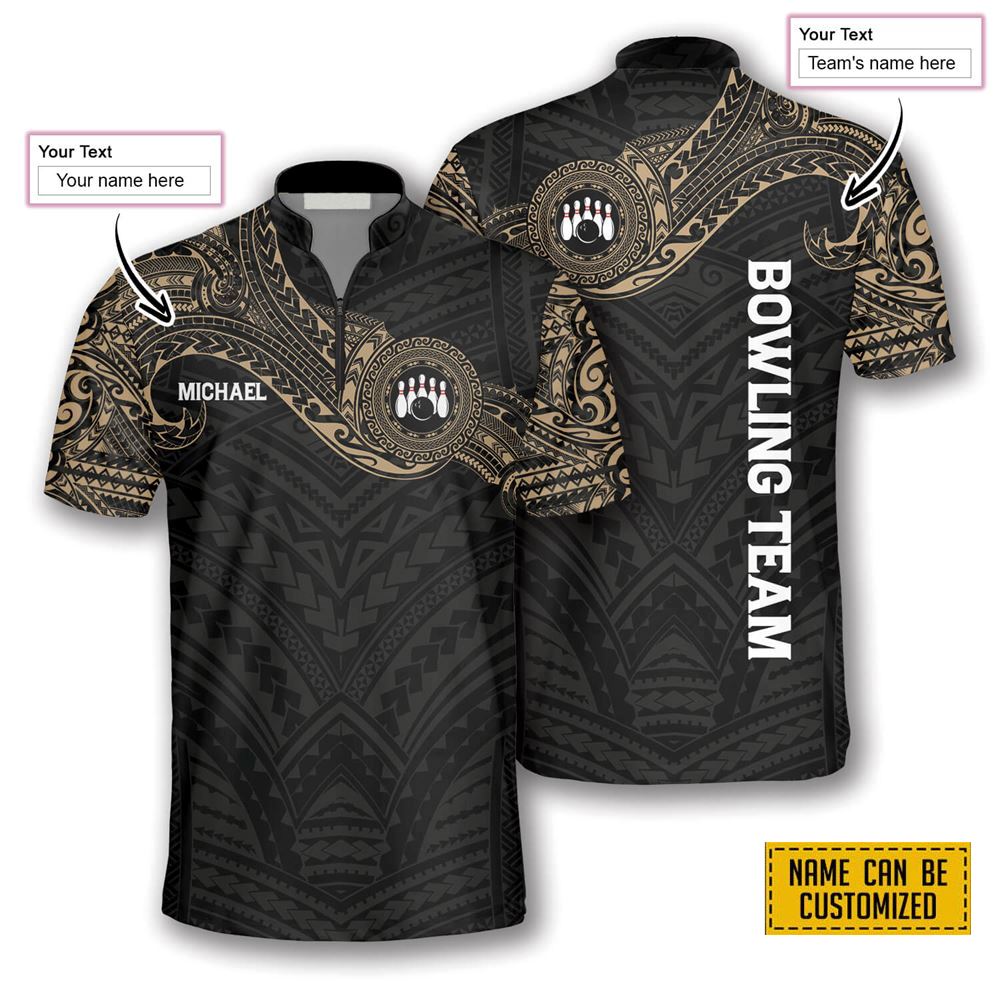 Golden Tribal Tattoo Bowling Personalized Names And Team Jersey Shirt – Gift For Bowling Enthusiasts