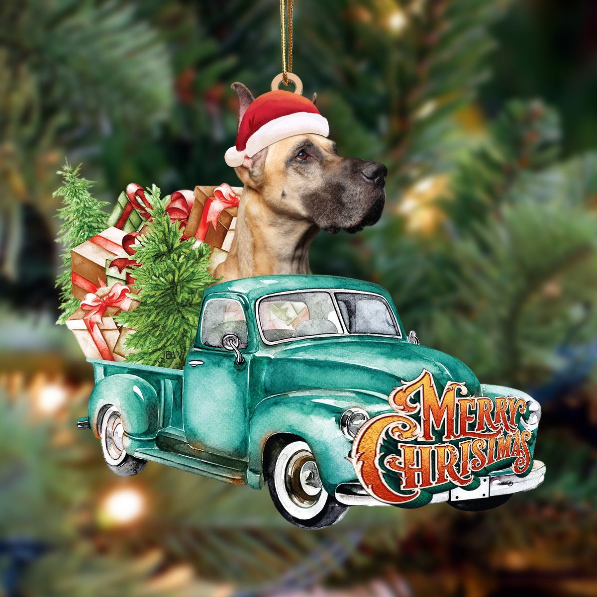 Great Dane-Green Truck Hanging Christmas Plastic Hanging Ornament – Funny Ornament