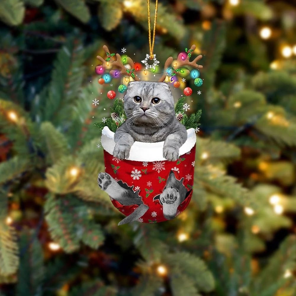 Grey Cat In Snow Pocket Christmas Ornament – Christmas Gift For Friends – Flat Acrylic Cat Ornament