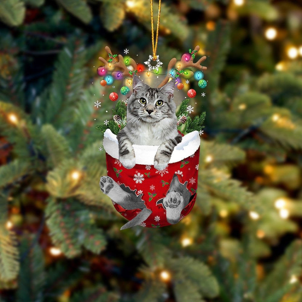 Grey Cat In Snow Pocket Christmas Ornament – Christmas Gift For Friends – Flat Acrylic Cat Ornament