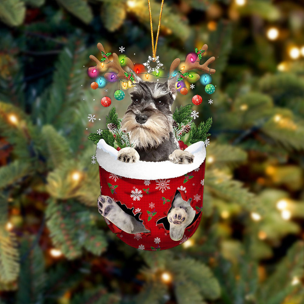 Grey Miniature Schnauzer In Snow Pocket Christmas Ornament – Flat Acrylic Dog Ornament