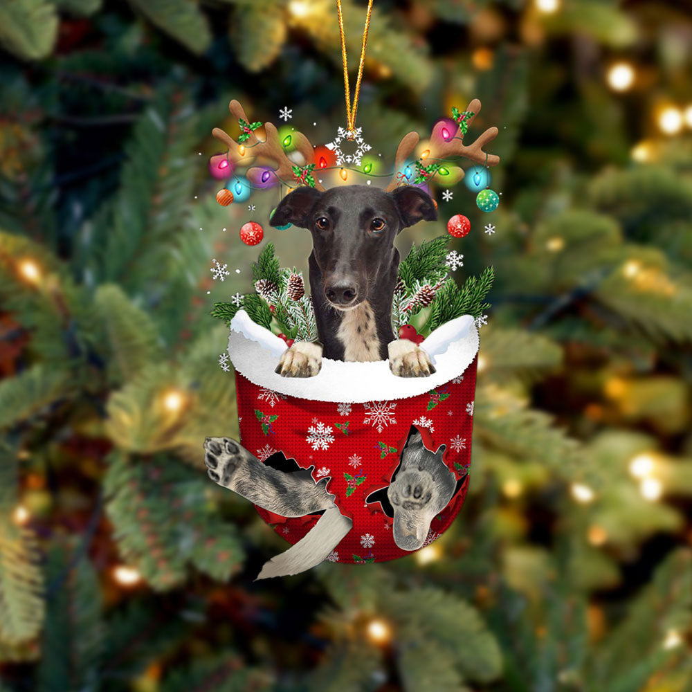Greyhound In Snow Pocket Christmas Ornament – Dog Memorial Gift – Flat Acrylic Dog Ornament