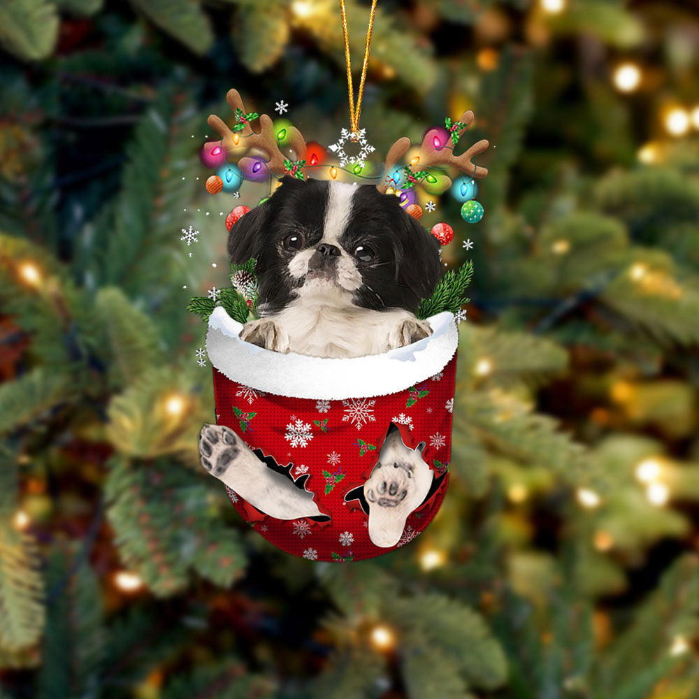Japanese Chin In Snow Pocket Christmas Ornament – Flat Acrylic Dog Ornament – Dog Memorial Gift