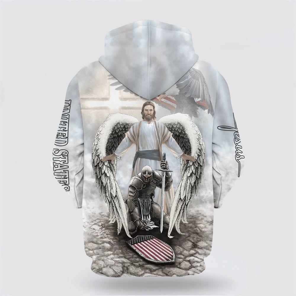 Jesus And Angel Warrior One Nation Under God All Over Print 3D Hoodie – Gifts For Christians