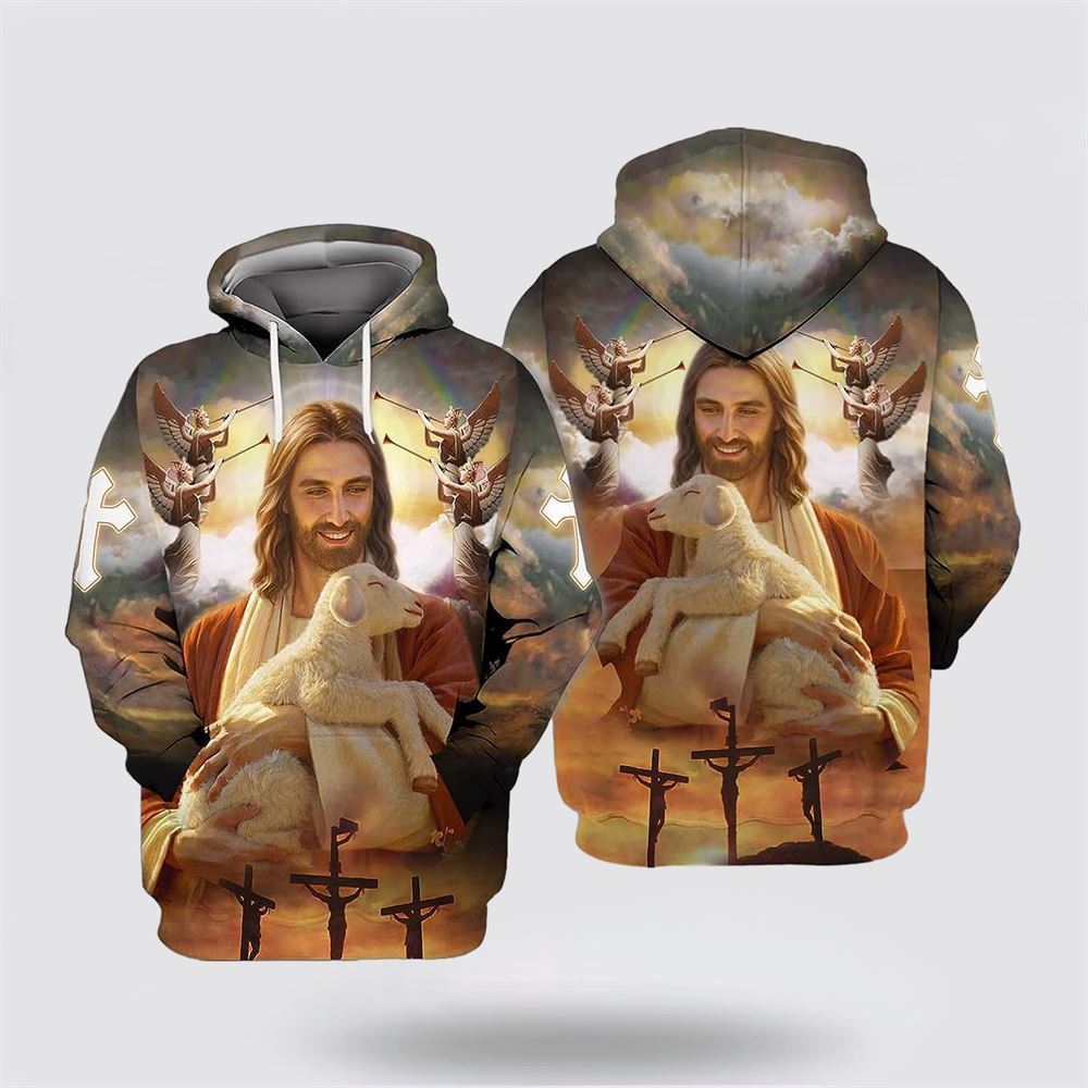 Jesus Holding Lamb All Over Print Hoodie Shirt – Gifts For Christian Families